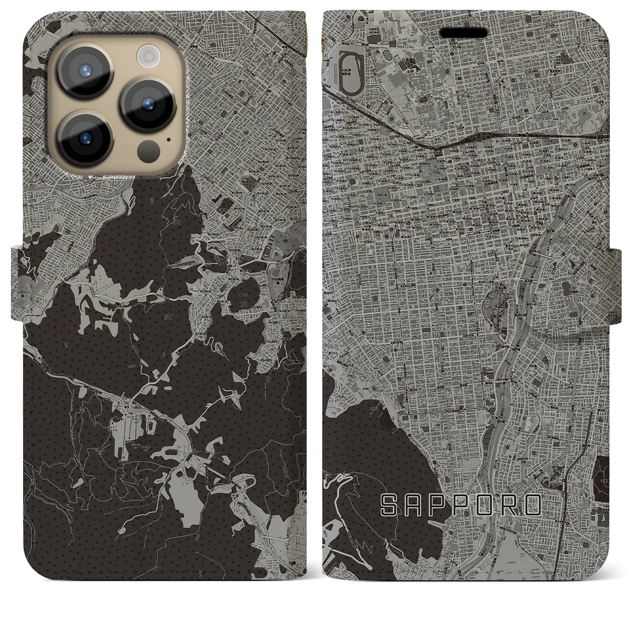 【札幌(北海道)】地図柄iPhoneケース(手帳タイプ)モノトーン・iPhone 14 Pro Max 用