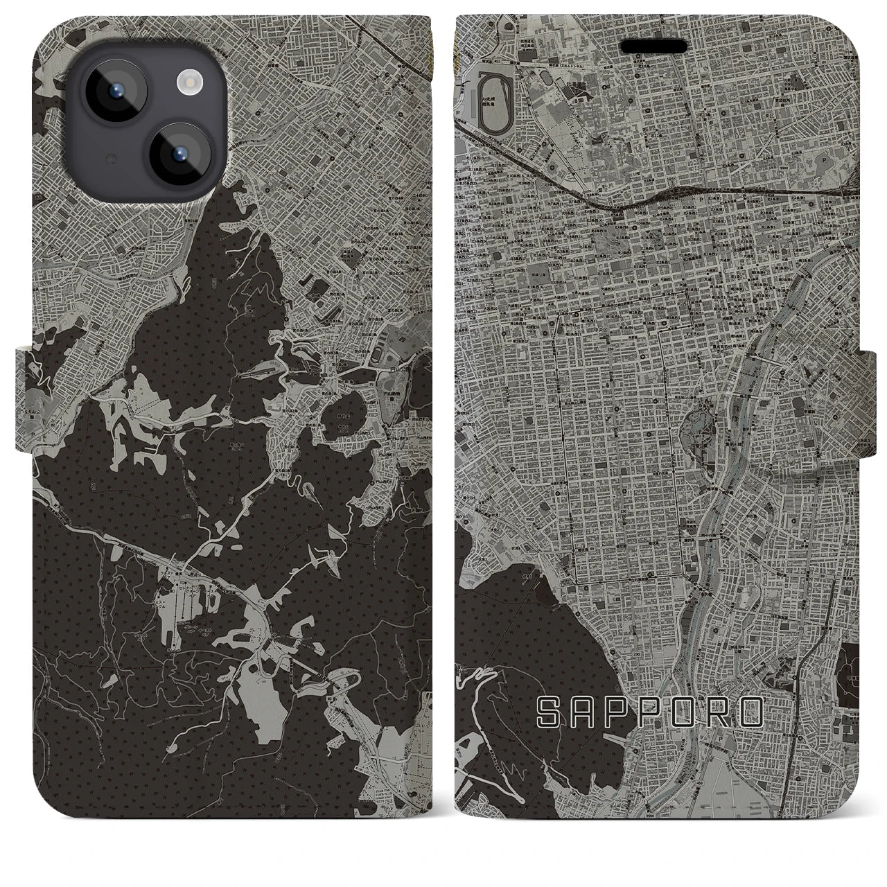 【札幌(北海道)】地図柄iPhoneケース(手帳タイプ)モノトーン・iPhone 14 Plus 用
