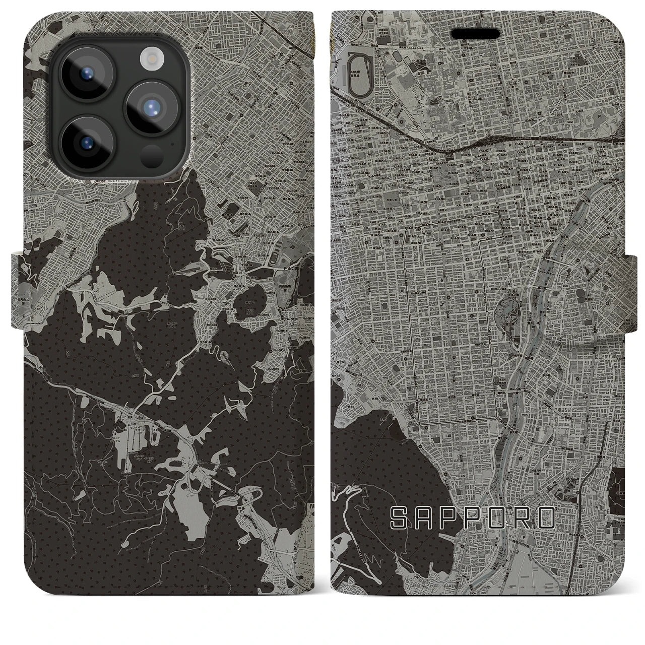 【札幌(北海道)】地図柄iPhoneケース(手帳タイプ)モノトーン・iPhone 15 Pro Max 用