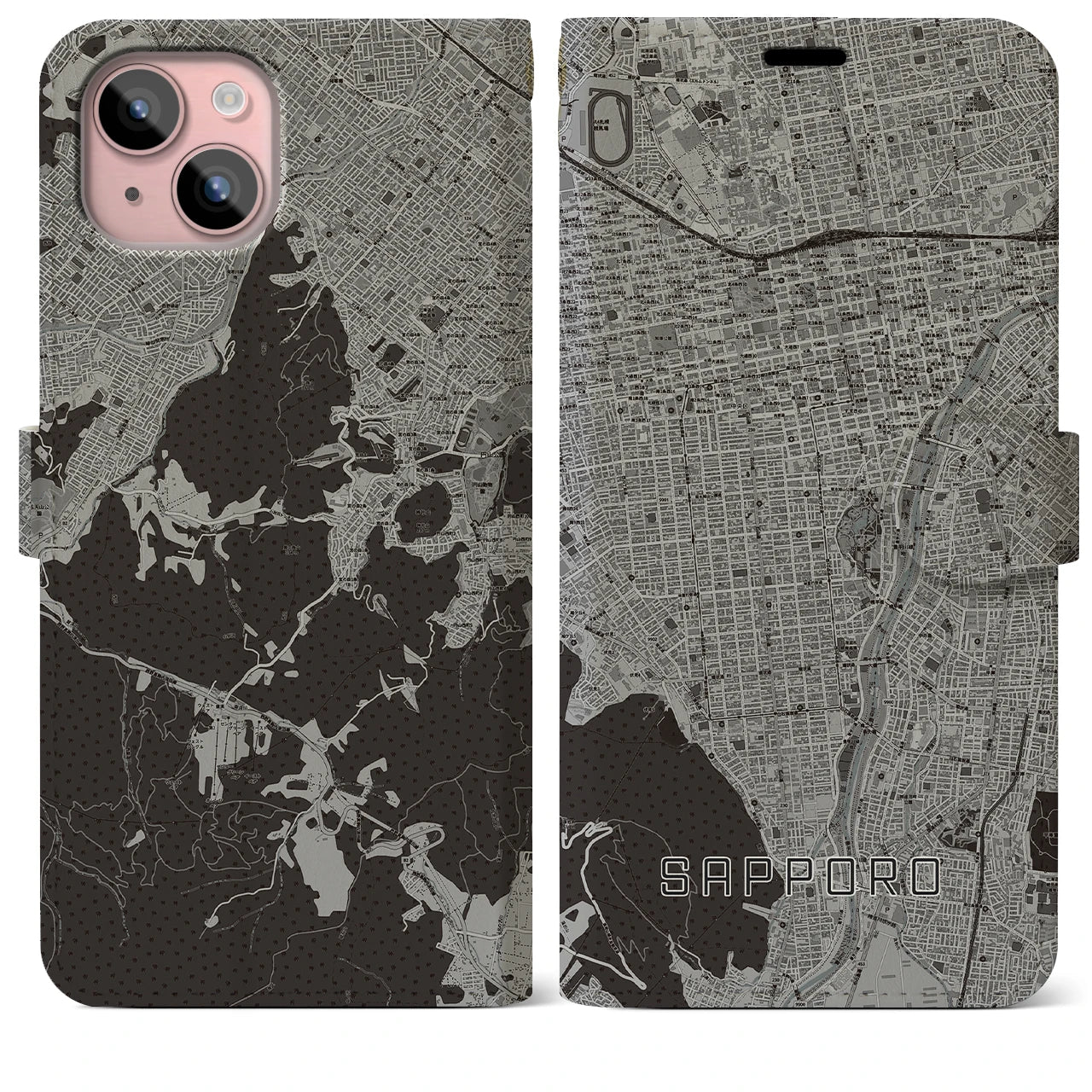 【札幌(北海道)】地図柄iPhoneケース(手帳タイプ)モノトーン・iPhone 15 Plus 用
