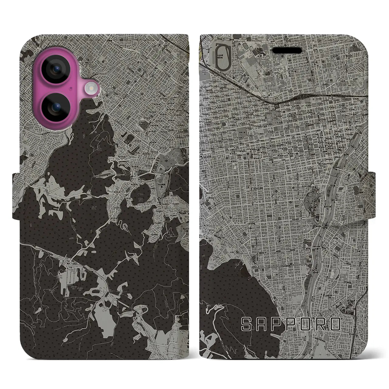 【札幌(北海道)】地図柄iPhoneケース(手帳タイプ)モノトーン・iPhone 16 Pro 用