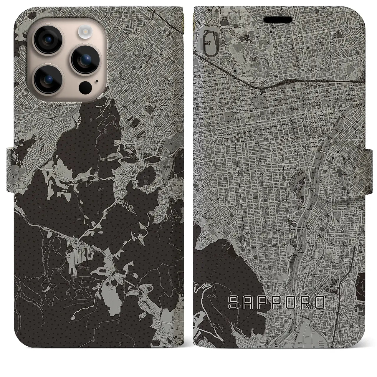 【札幌(北海道)】地図柄iPhoneケース(手帳タイプ)モノトーン・iPhone 16 Plus 用