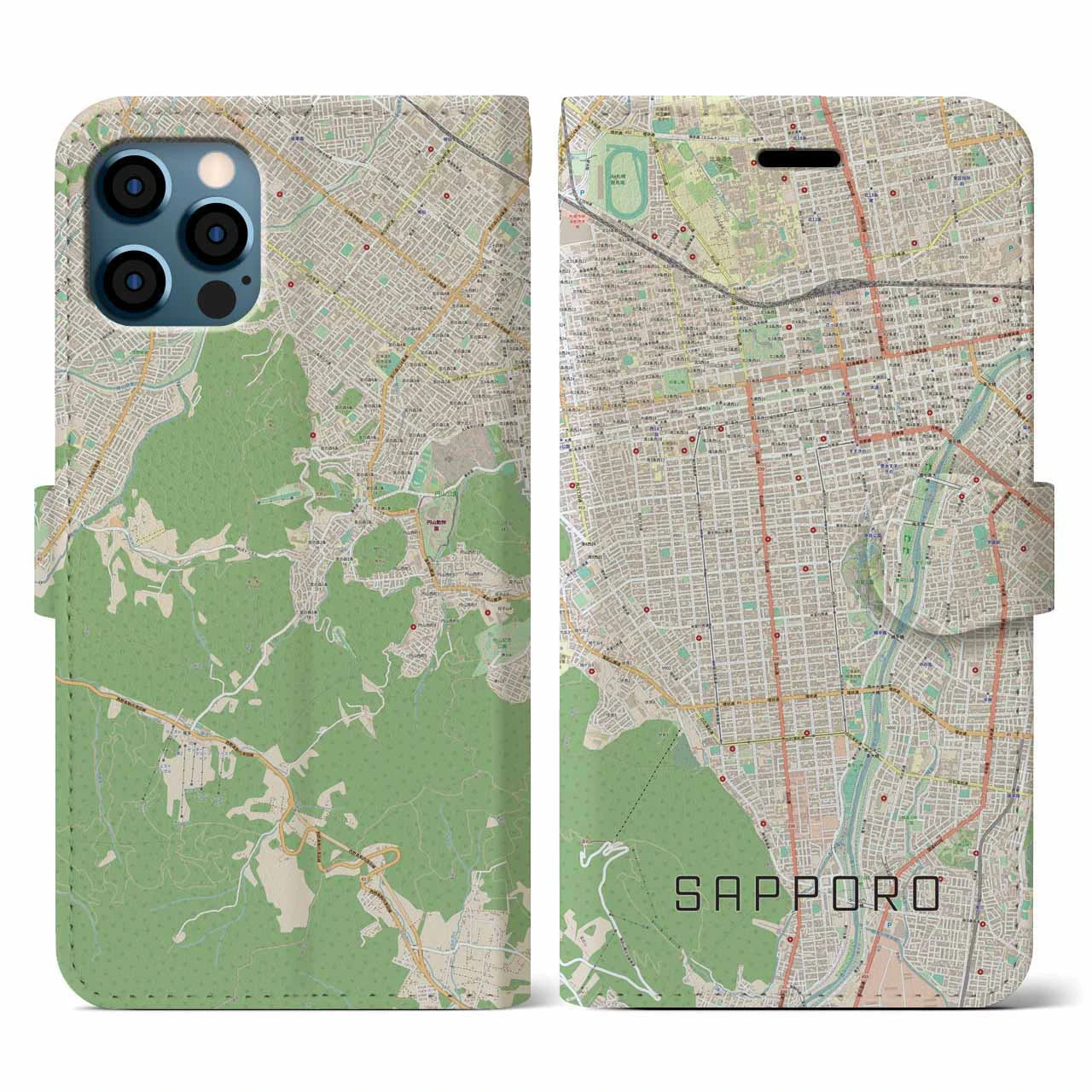 【札幌(北海道)】地図柄iPhoneケース(手帳タイプ)ナチュラル・iPhone 12 / 12 Pro 用