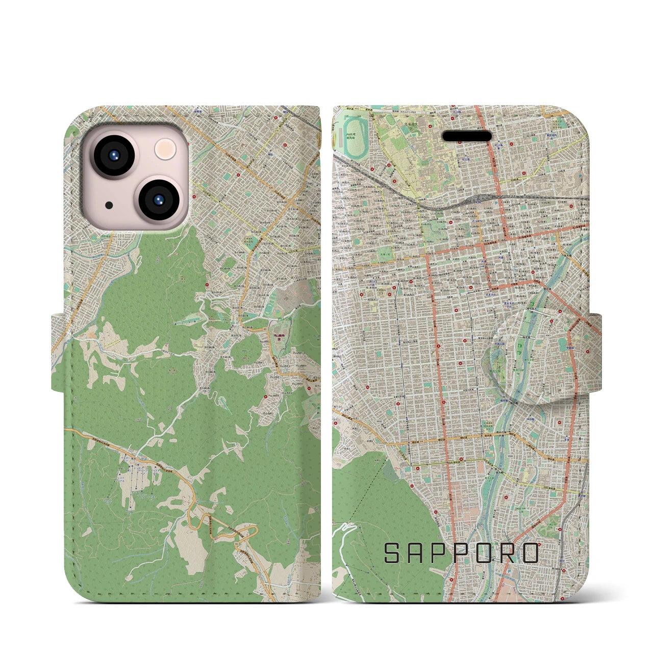 【札幌(北海道)】地図柄iPhoneケース(手帳タイプ)ナチュラル・iPhone 13 mini 用