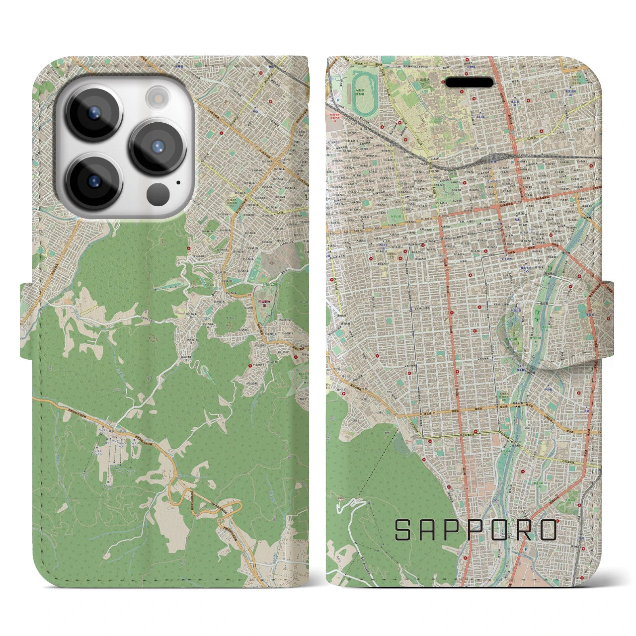 【札幌(北海道)】地図柄iPhoneケース(手帳タイプ)ナチュラル・iPhone 14 Pro 用