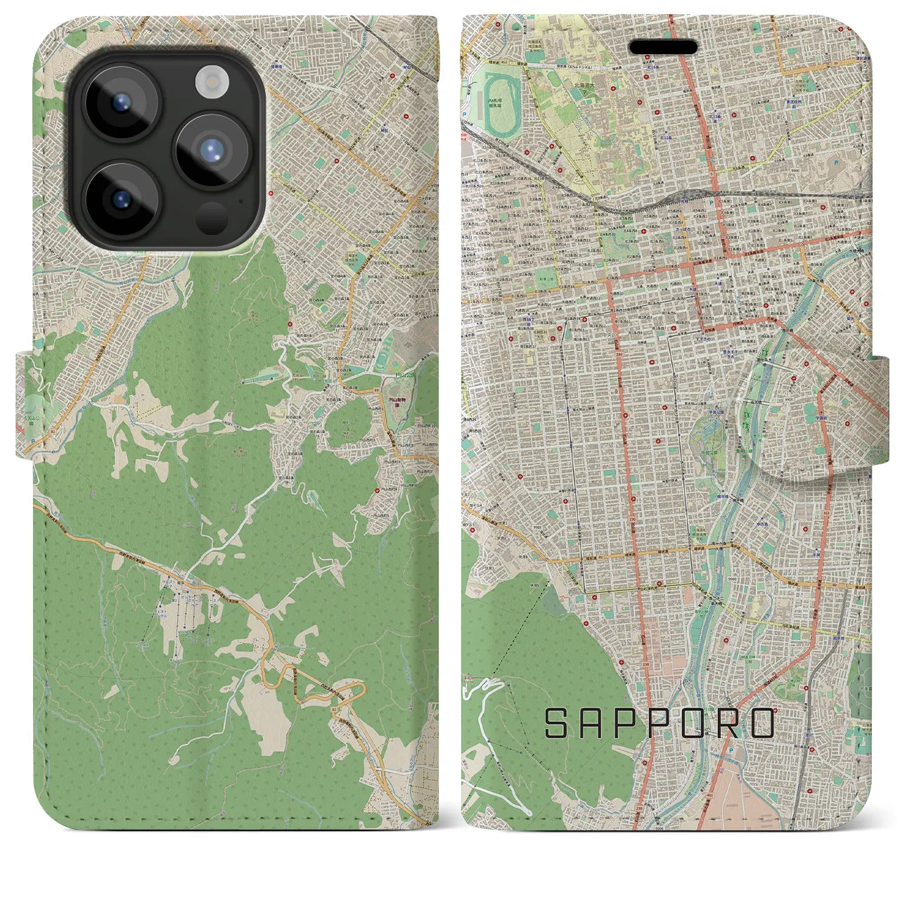 【札幌(北海道)】地図柄iPhoneケース(手帳タイプ)ナチュラル・iPhone 15 Pro Max 用