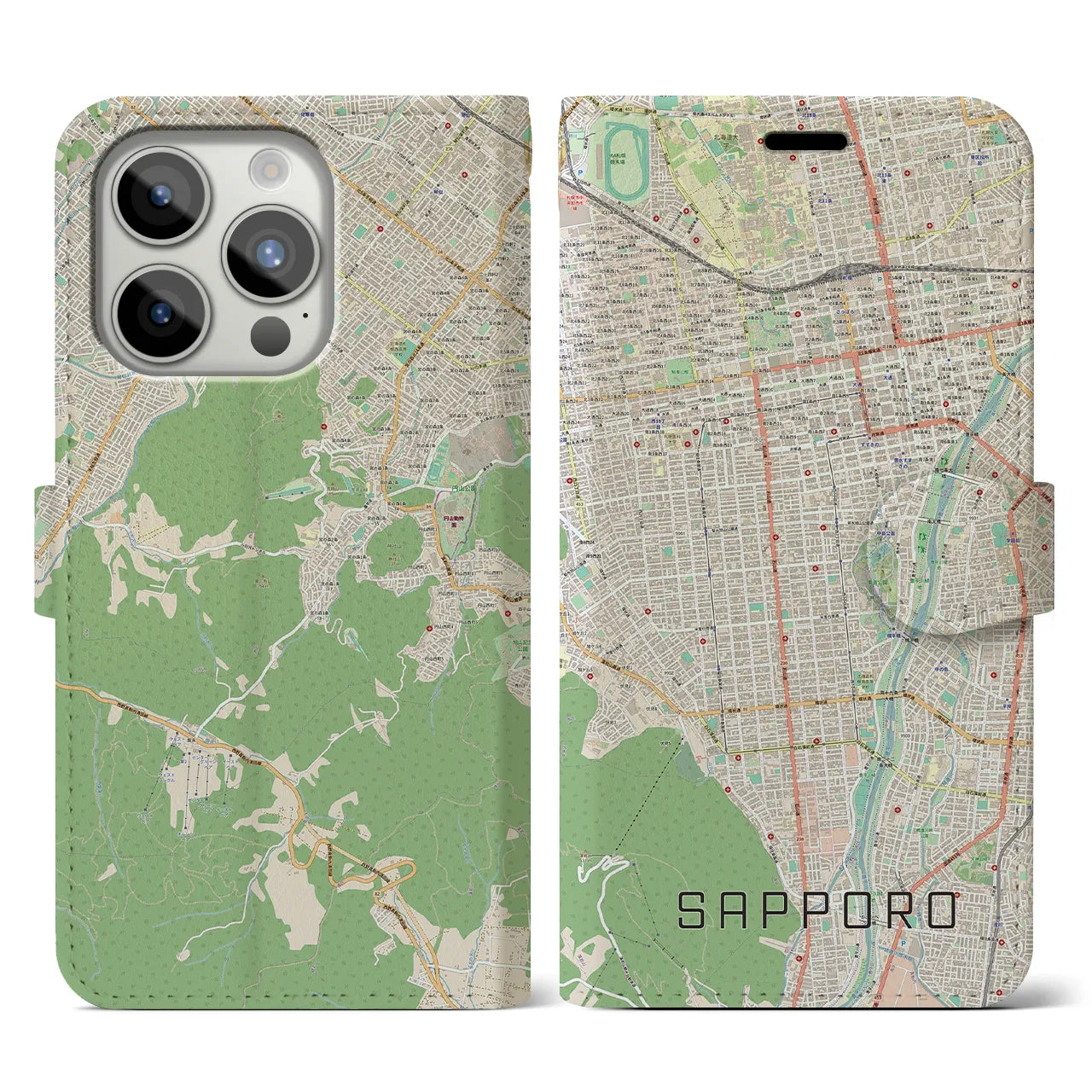 【札幌(北海道)】地図柄iPhoneケース(手帳タイプ)ナチュラル・iPhone 15 Pro 用