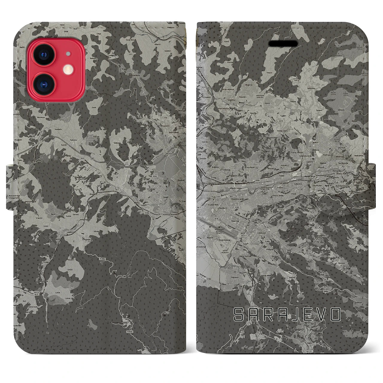 【サラエヴォ(ボスニア・ヘルツェゴビナ)】地図柄iPhoneケース(手帳タイプ)モノトーン・iPhone 11 用