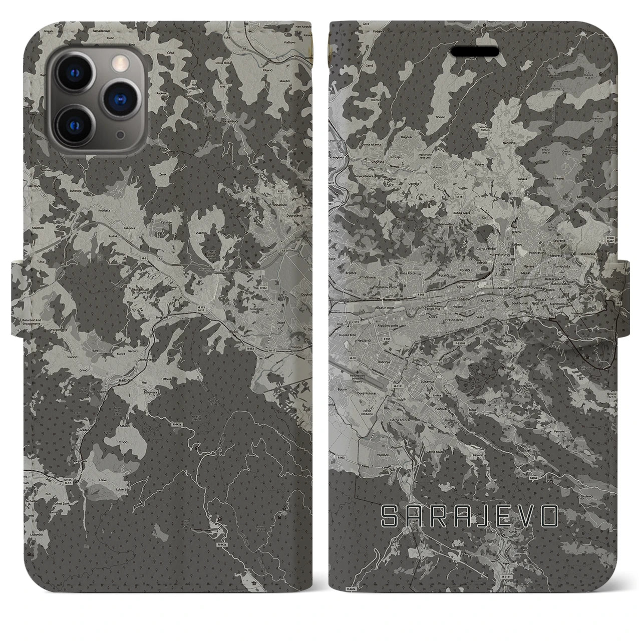 【サラエヴォ(ボスニア・ヘルツェゴビナ)】地図柄iPhoneケース(手帳タイプ)モノトーン・iPhone 11 Pro Max 用