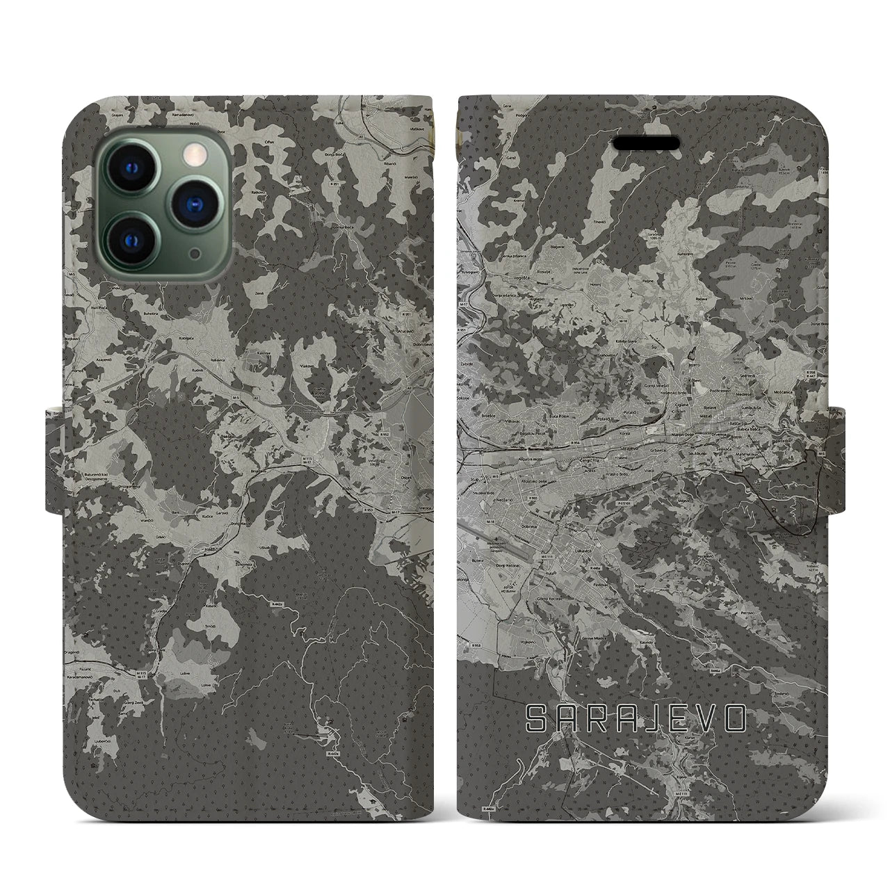【サラエヴォ(ボスニア・ヘルツェゴビナ)】地図柄iPhoneケース(手帳タイプ)モノトーン・iPhone 11 Pro 用