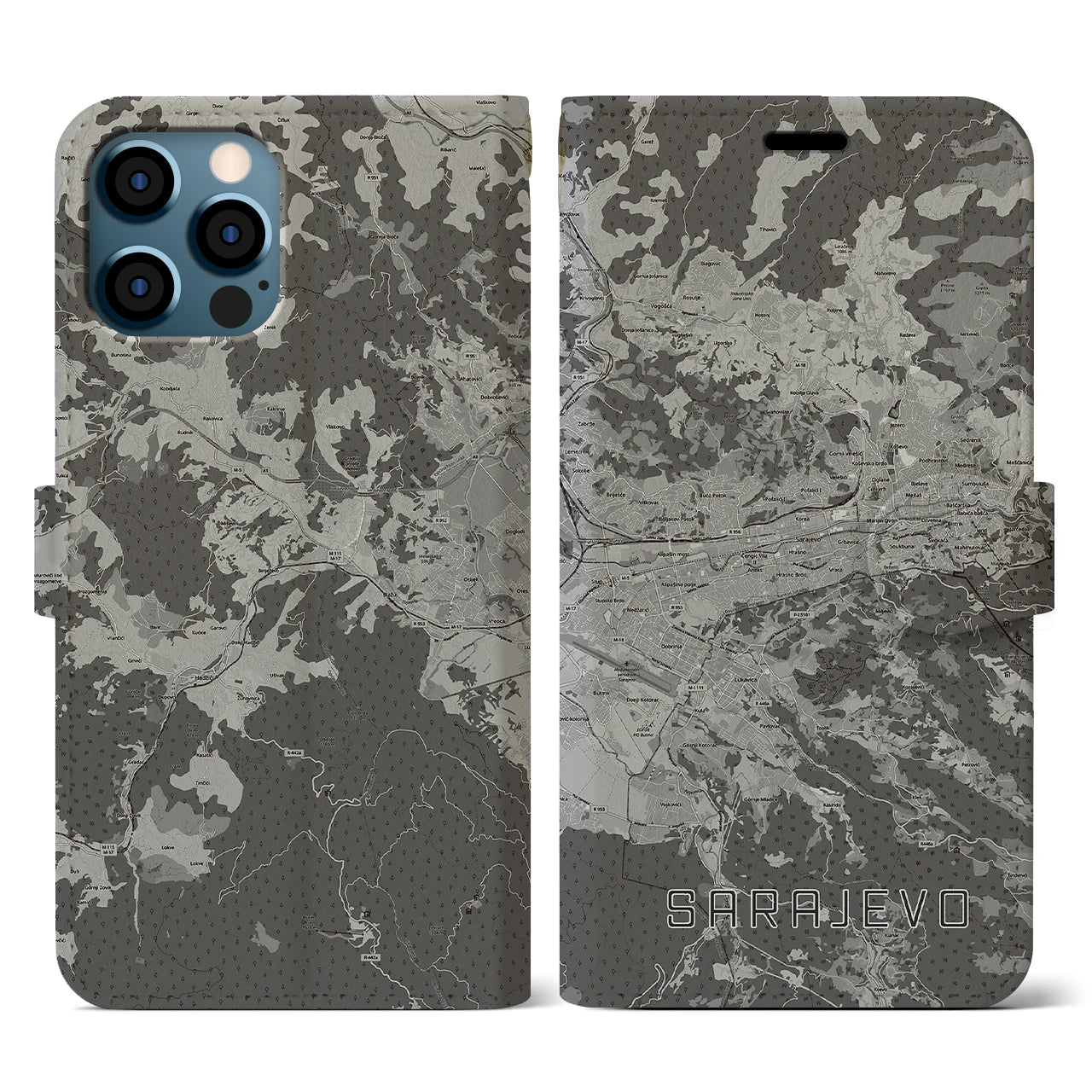 【サラエヴォ(ボスニア・ヘルツェゴビナ)】地図柄iPhoneケース(手帳タイプ)モノトーン・iPhone 12 / 12 Pro 用