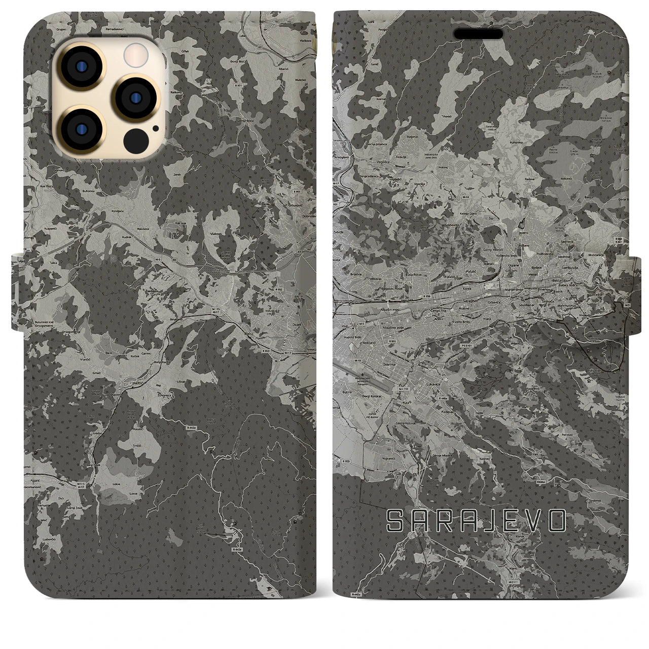 【サラエヴォ(ボスニア・ヘルツェゴビナ)】地図柄iPhoneケース(手帳タイプ)モノトーン・iPhone 12 Pro Max 用