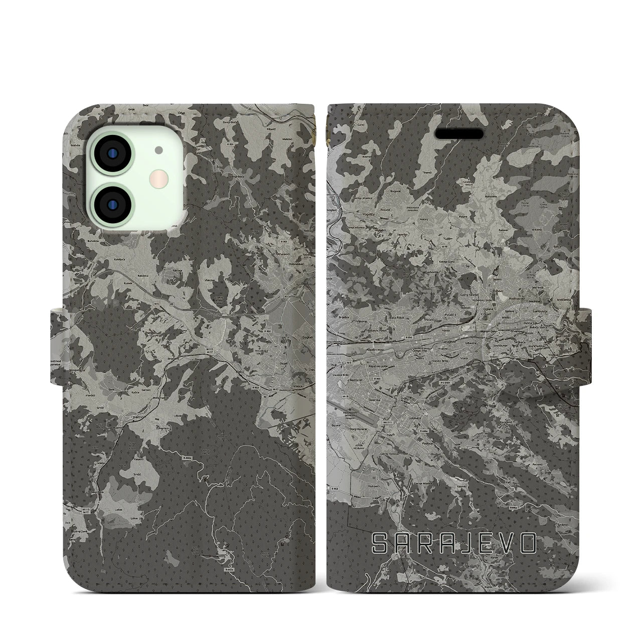 【サラエヴォ(ボスニア・ヘルツェゴビナ)】地図柄iPhoneケース(手帳タイプ)モノトーン・iPhone 12 mini 用