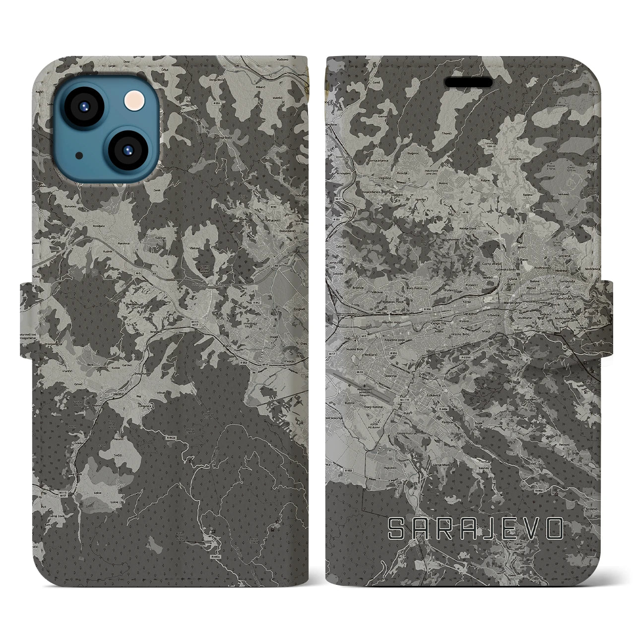 【サラエヴォ(ボスニア・ヘルツェゴビナ)】地図柄iPhoneケース(手帳タイプ)モノトーン・iPhone 13 用