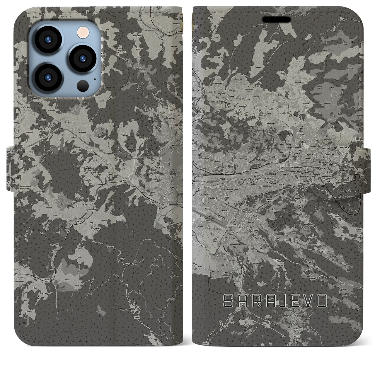 【サラエヴォ(ボスニア・ヘルツェゴビナ)】地図柄iPhoneケース(手帳タイプ)モノトーン・iPhone 13 Pro Max 用