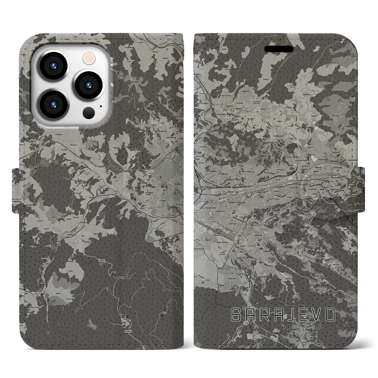 【サラエヴォ(ボスニア・ヘルツェゴビナ)】地図柄iPhoneケース(手帳タイプ)モノトーン・iPhone 13 Pro 用