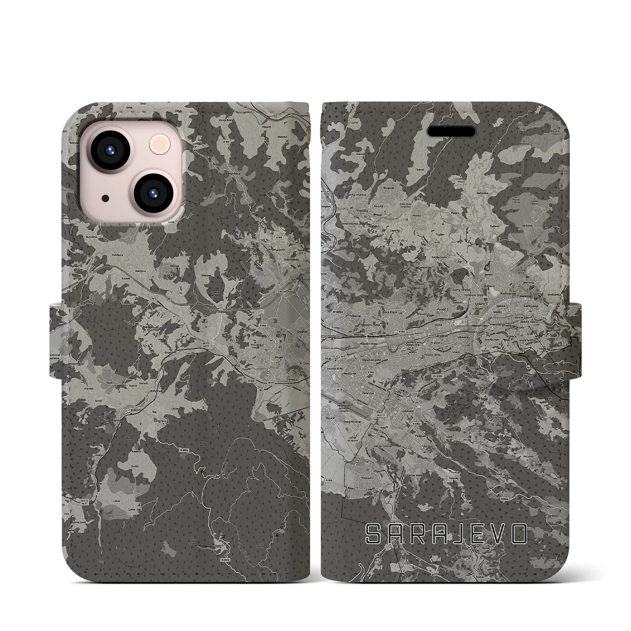 【サラエヴォ(ボスニア・ヘルツェゴビナ)】地図柄iPhoneケース(手帳タイプ)モノトーン・iPhone 13 mini 用