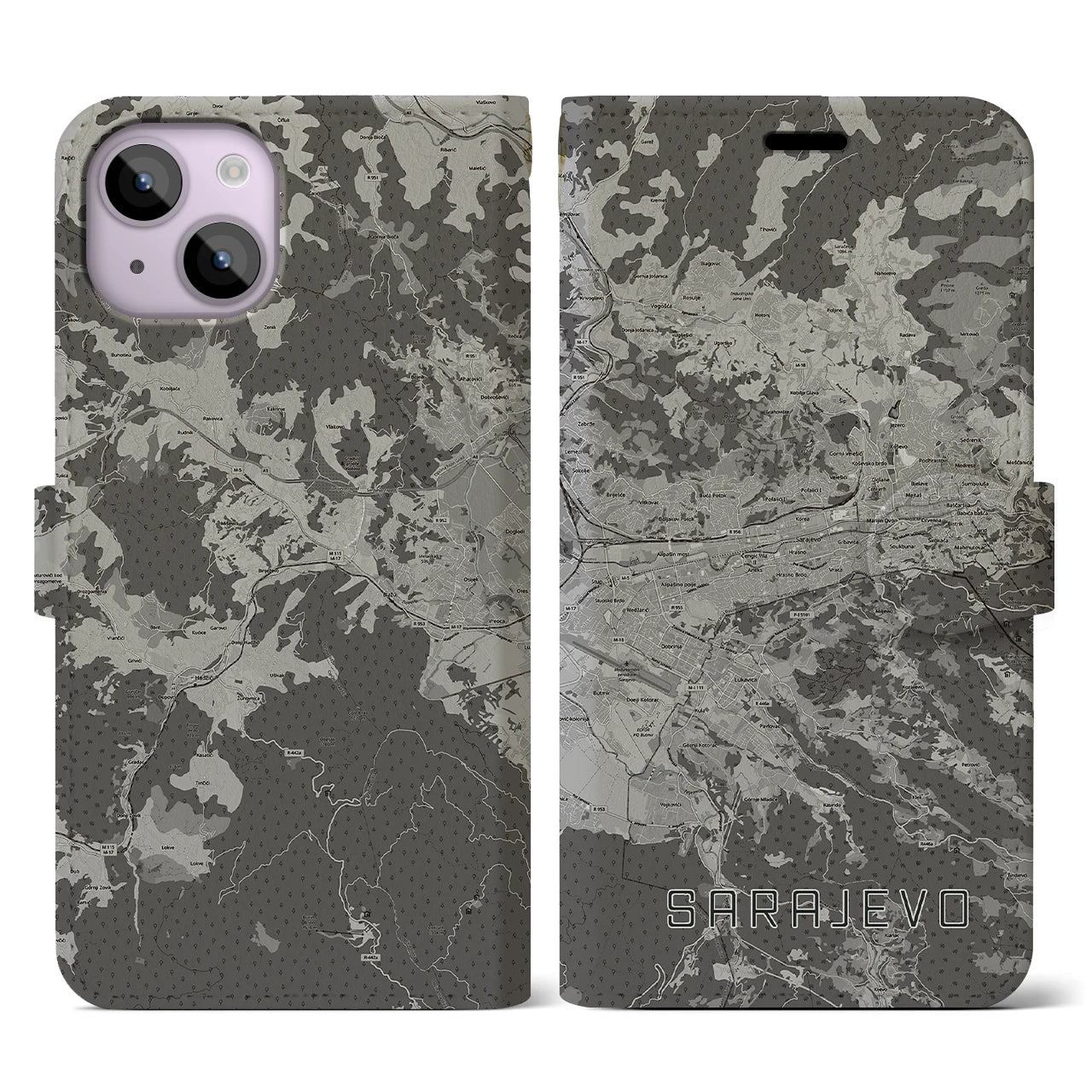 【サラエヴォ(ボスニア・ヘルツェゴビナ)】地図柄iPhoneケース(手帳タイプ)モノトーン・iPhone 14 用