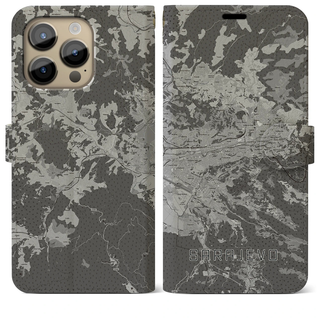 【サラエヴォ(ボスニア・ヘルツェゴビナ)】地図柄iPhoneケース(手帳タイプ)モノトーン・iPhone 14 Pro Max 用