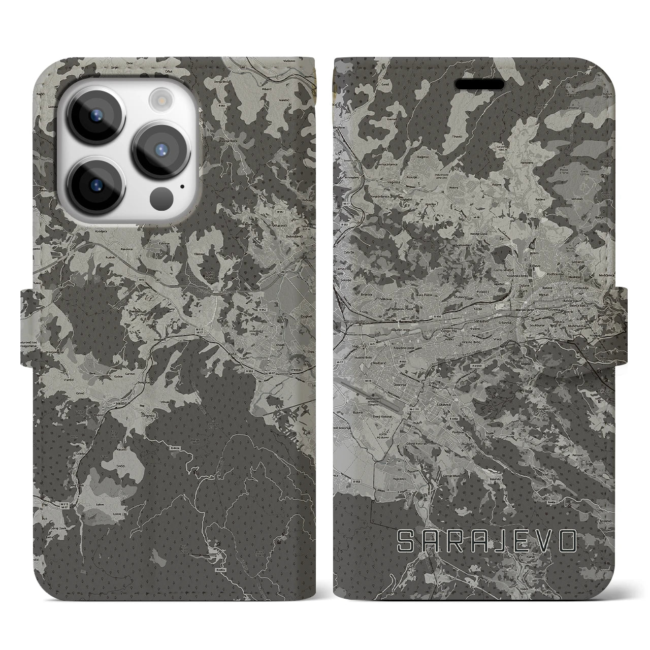 【サラエヴォ(ボスニア・ヘルツェゴビナ)】地図柄iPhoneケース(手帳タイプ)モノトーン・iPhone 14 Pro 用