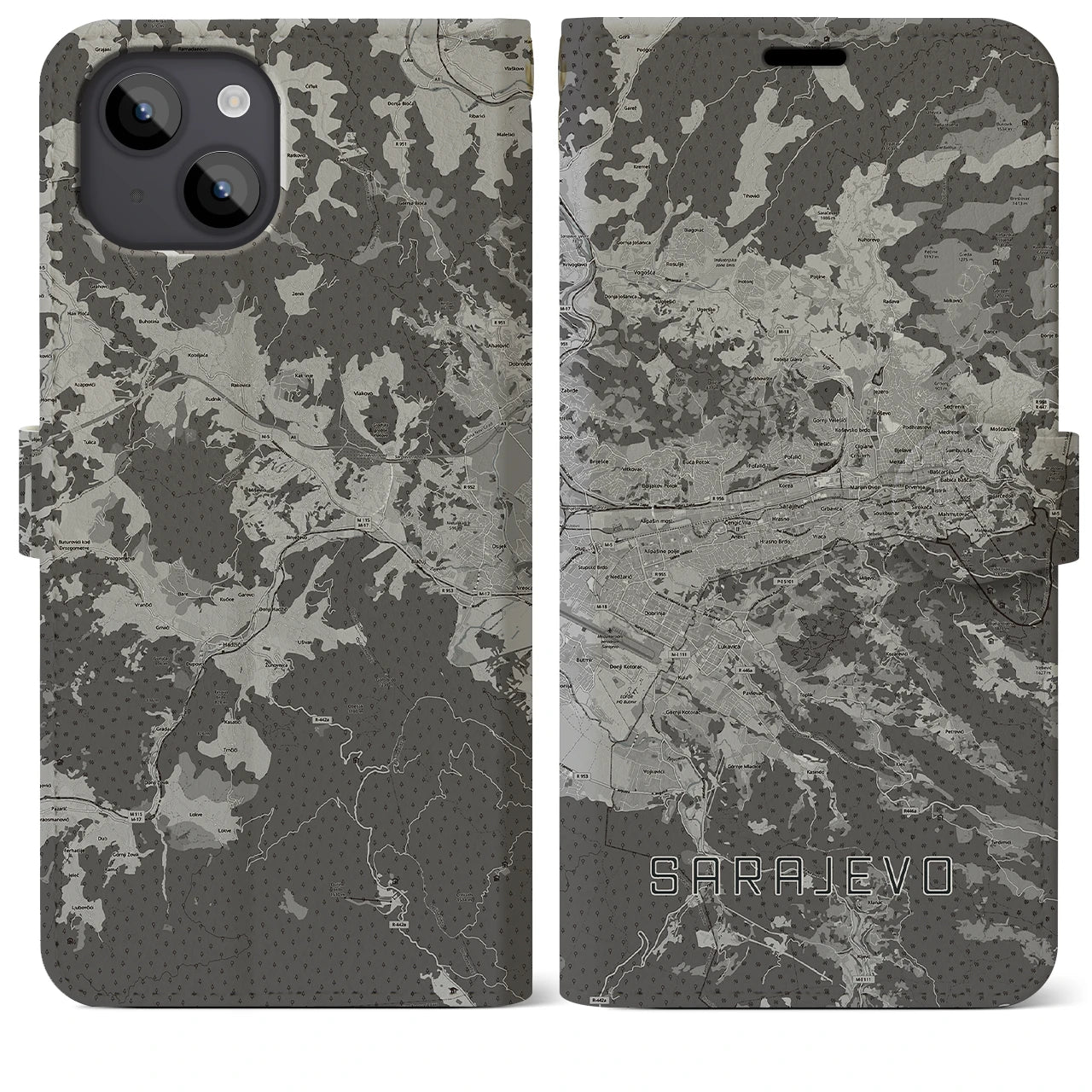 【サラエヴォ(ボスニア・ヘルツェゴビナ)】地図柄iPhoneケース(手帳タイプ)モノトーン・iPhone 14 Plus 用