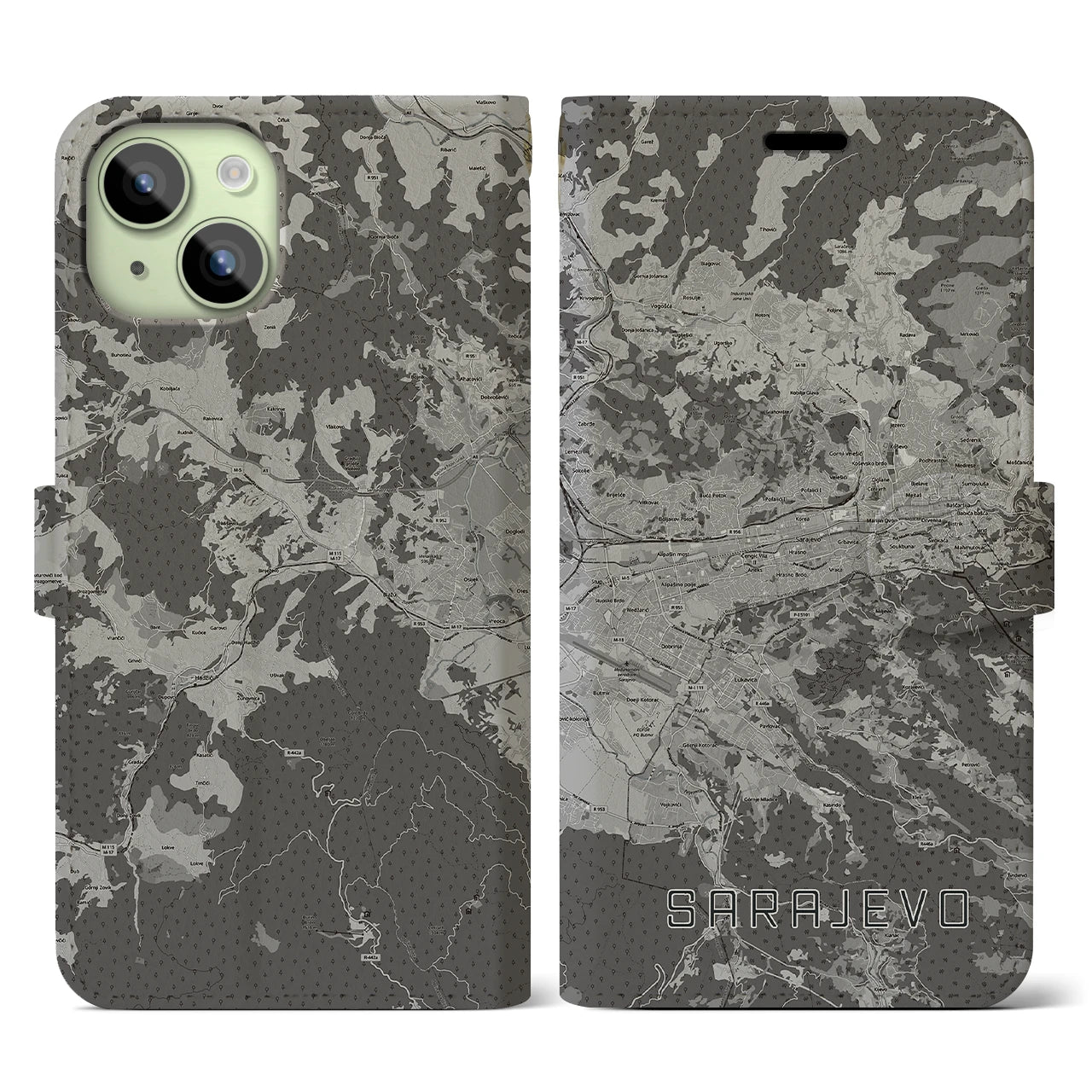 【サラエヴォ(ボスニア・ヘルツェゴビナ)】地図柄iPhoneケース(手帳タイプ)モノトーン・iPhone 15 用