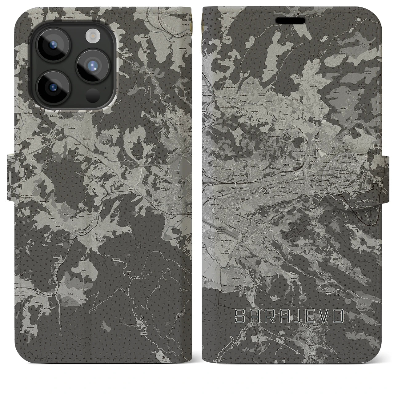 【サラエヴォ(ボスニア・ヘルツェゴビナ)】地図柄iPhoneケース(手帳タイプ)モノトーン・iPhone 15 Pro Max 用