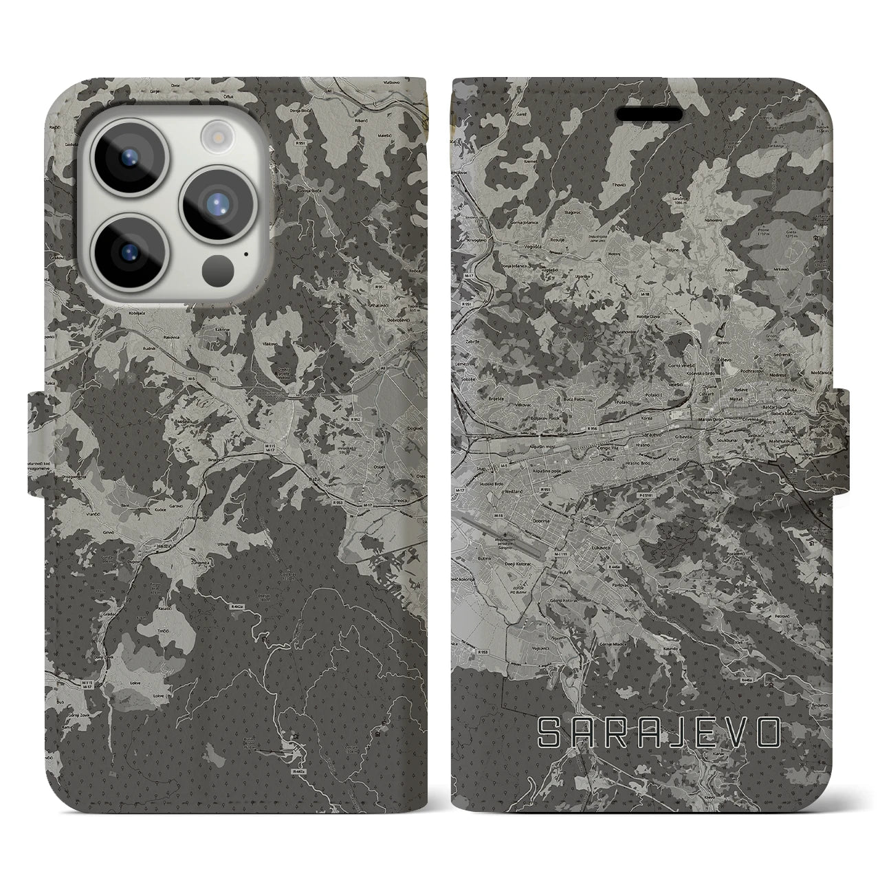【サラエヴォ(ボスニア・ヘルツェゴビナ)】地図柄iPhoneケース(手帳タイプ)モノトーン・iPhone 15 Pro 用