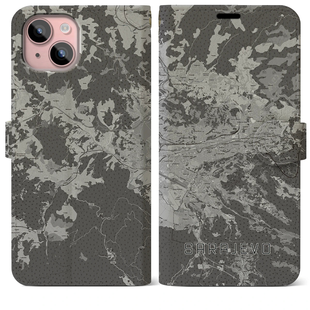【サラエヴォ(ボスニア・ヘルツェゴビナ)】地図柄iPhoneケース(手帳タイプ)モノトーン・iPhone 15 Plus 用