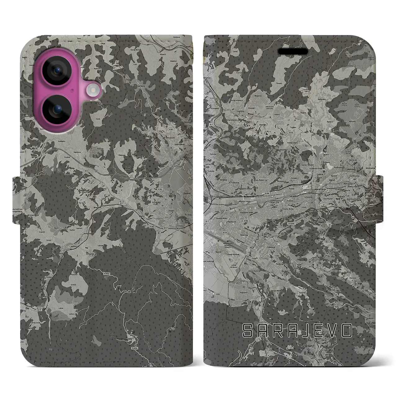 【サラエヴォ(ボスニア・ヘルツェゴビナ)】地図柄iPhoneケース(手帳タイプ)モノトーン・iPhone 16 Pro 用