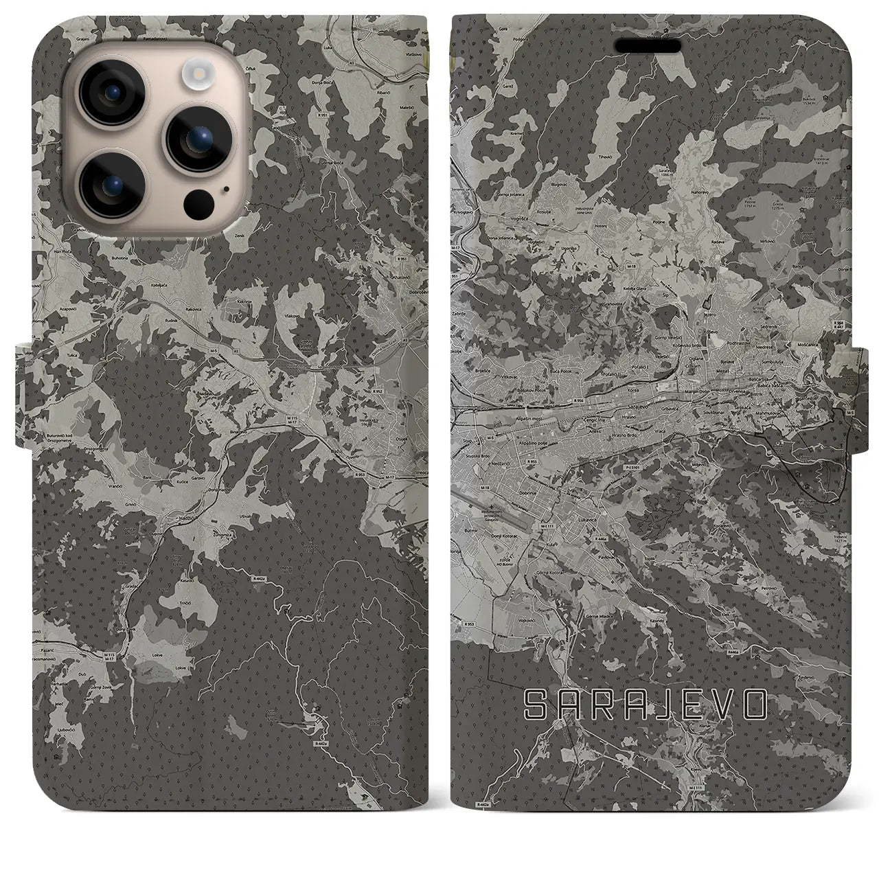 【サラエヴォ(ボスニア・ヘルツェゴビナ)】地図柄iPhoneケース(手帳タイプ)モノトーン・iPhone 16 Plus 用