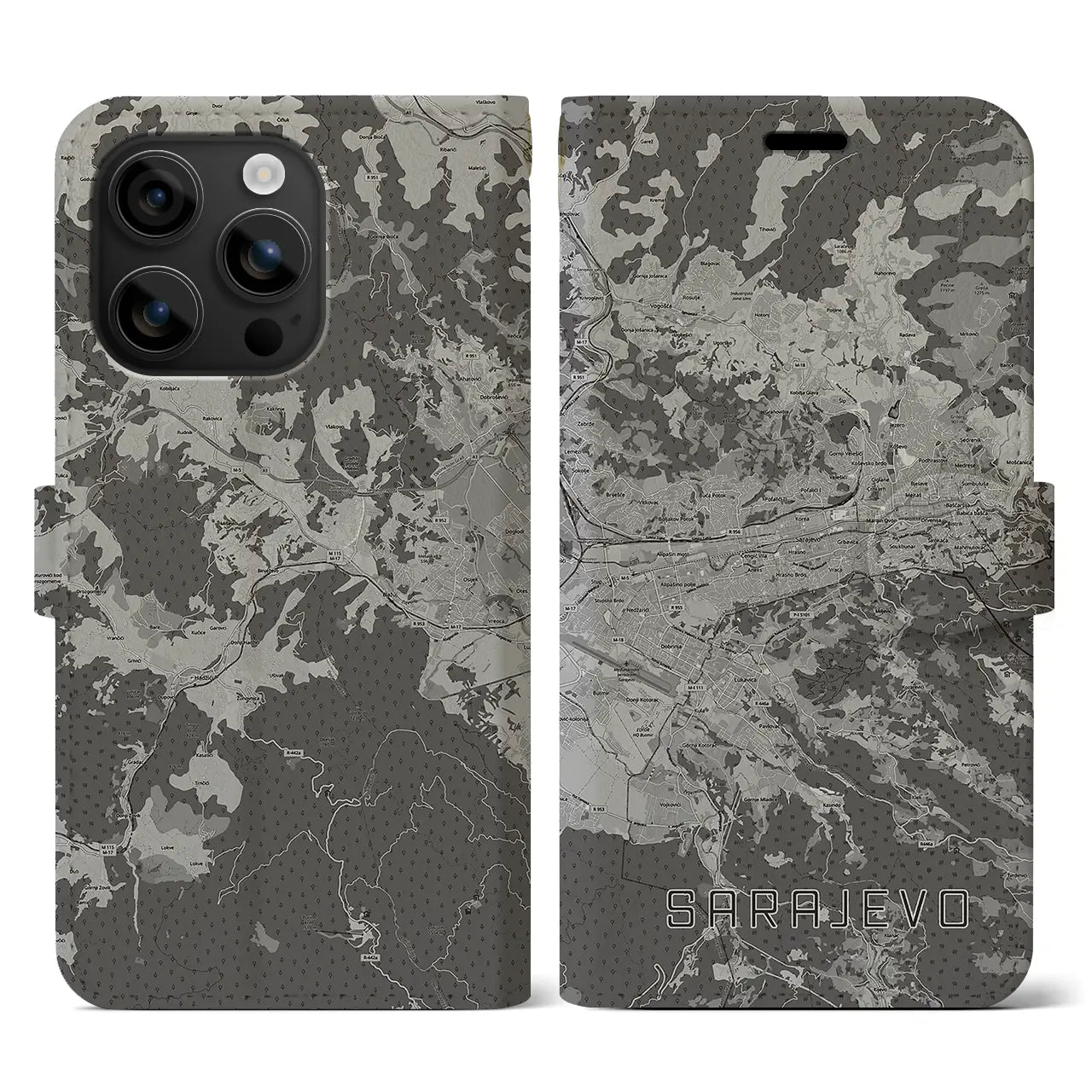【サラエヴォ(ボスニア・ヘルツェゴビナ)】地図柄iPhoneケース(手帳タイプ)モノトーン・iPhone 16 用