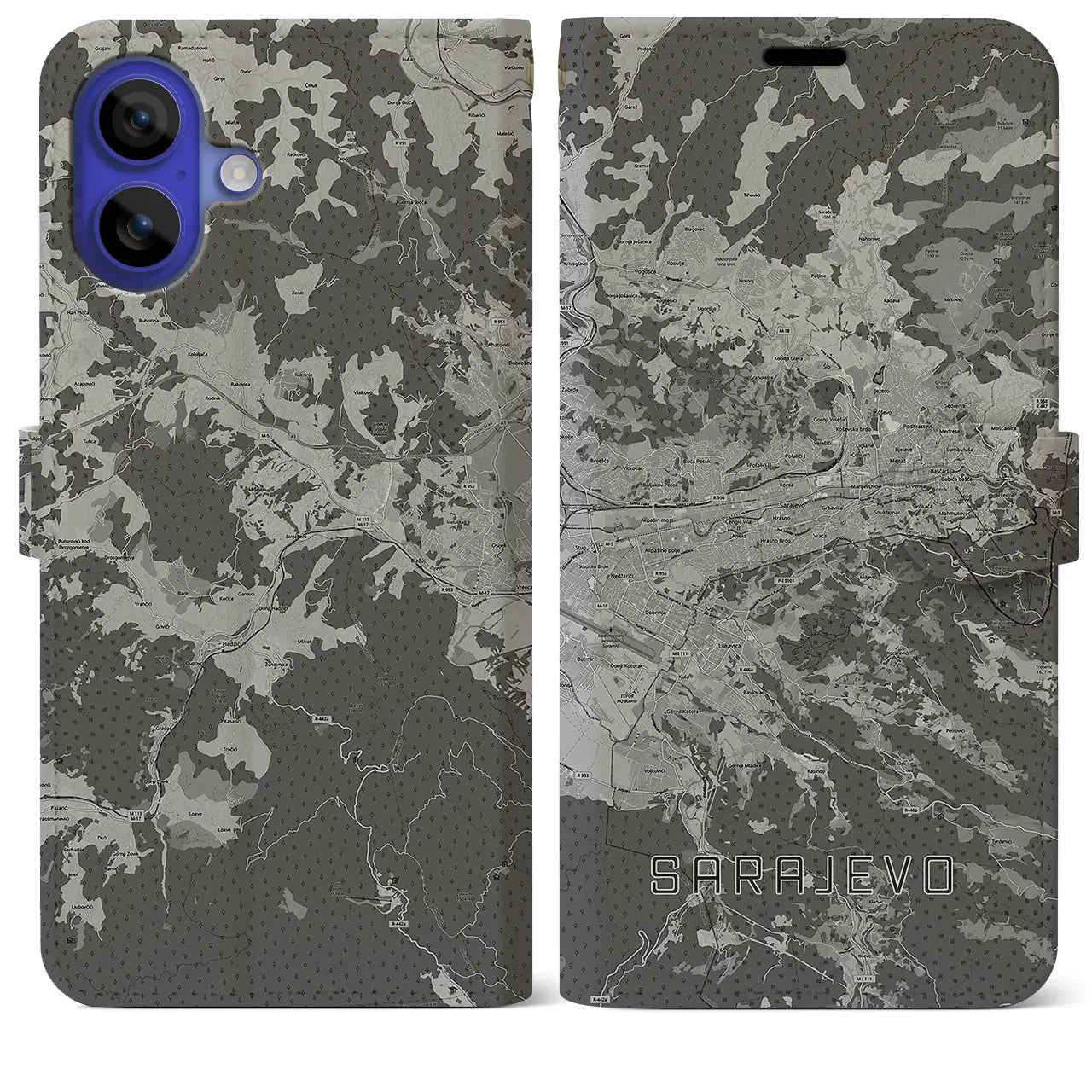 【サラエヴォ(ボスニア・ヘルツェゴビナ)】地図柄iPhoneケース(手帳タイプ)モノトーン・iPhone 16 Pro Max 用