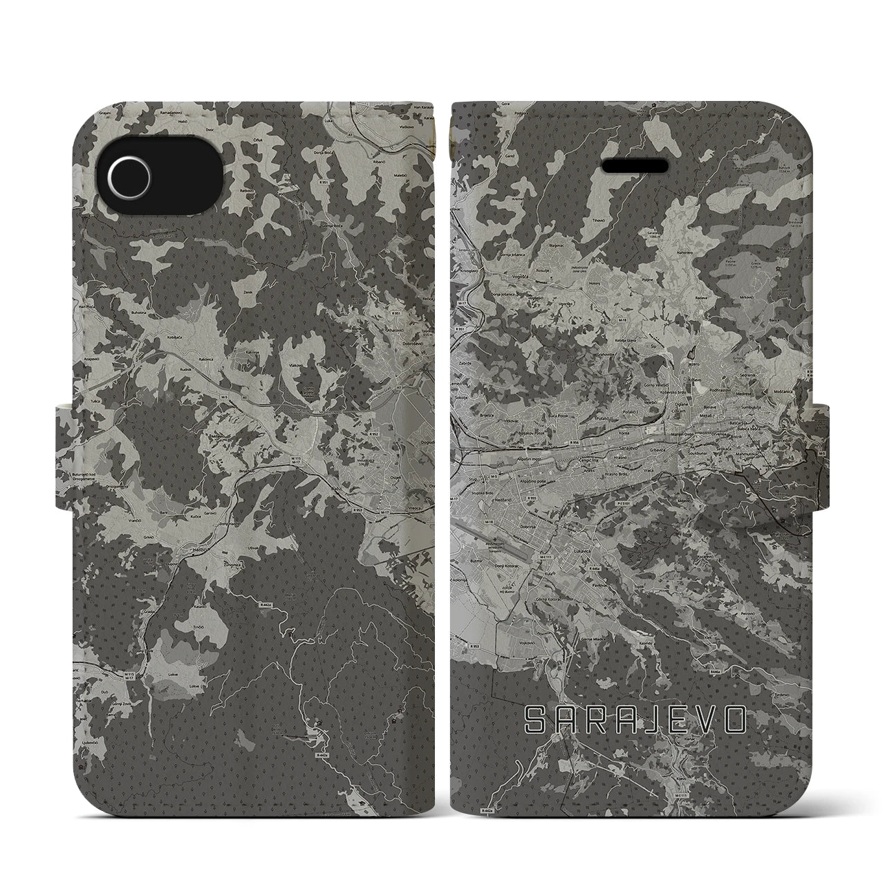 【サラエヴォ(ボスニア・ヘルツェゴビナ)】地図柄iPhoneケース(手帳タイプ)モノトーン・iPhone SE(第3 / 第2世代) / 8 / 7 / 6s / 6 用