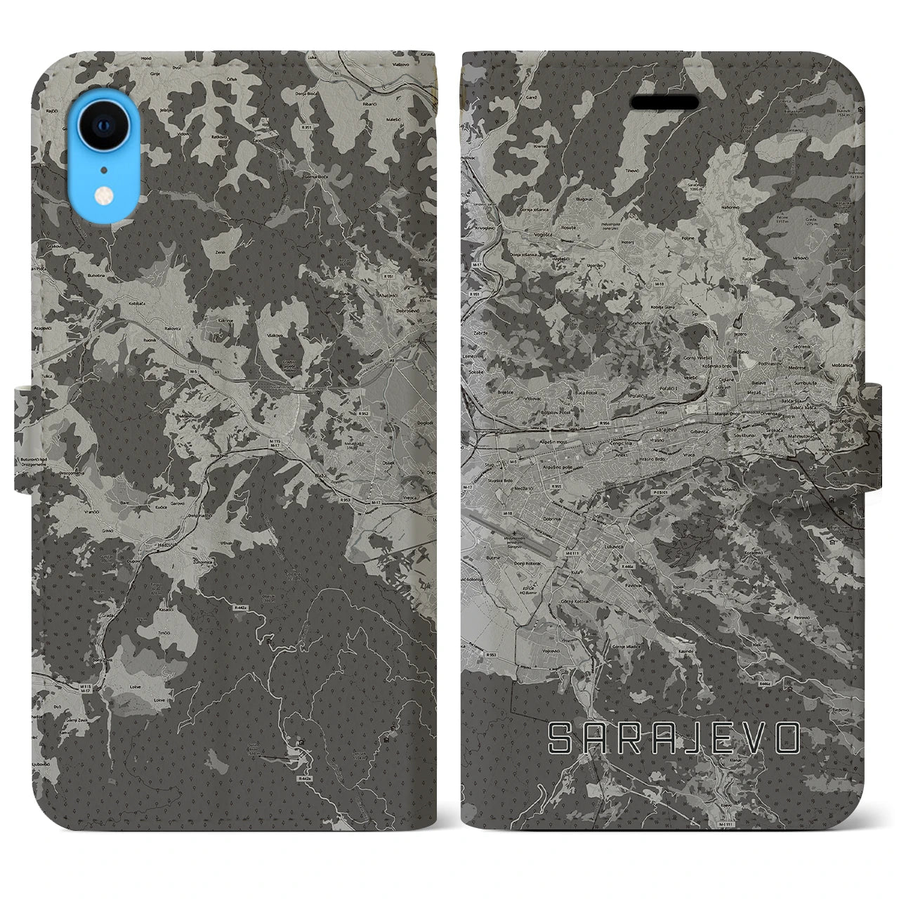 【サラエヴォ(ボスニア・ヘルツェゴビナ)】地図柄iPhoneケース(手帳タイプ)モノトーン・iPhone XR 用
