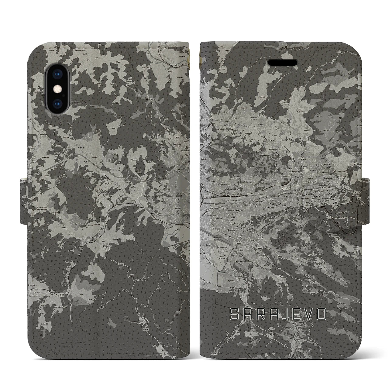 【サラエヴォ(ボスニア・ヘルツェゴビナ)】地図柄iPhoneケース(手帳タイプ)モノトーン・iPhone XS / X 用