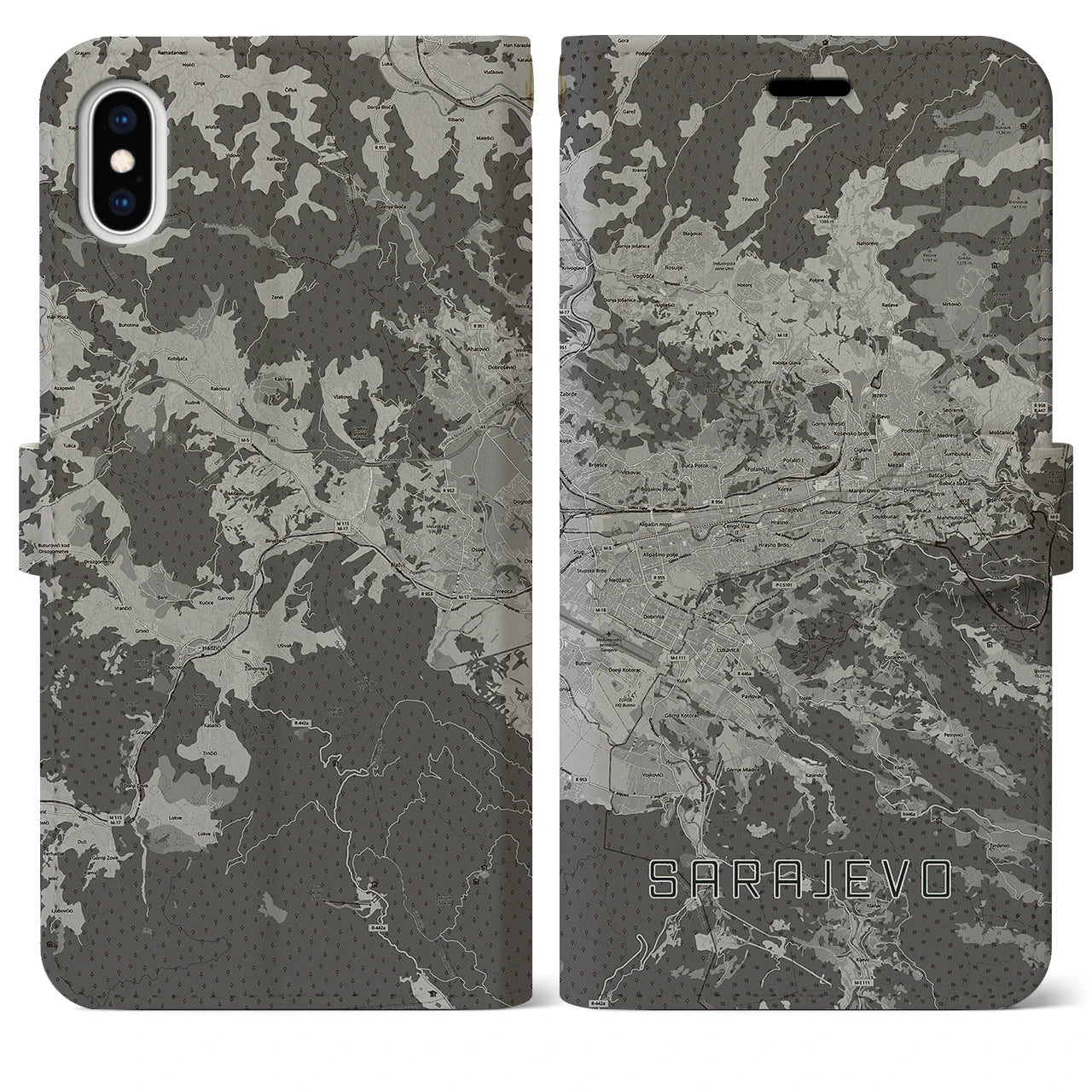 【サラエヴォ(ボスニア・ヘルツェゴビナ)】地図柄iPhoneケース(手帳タイプ)モノトーン・iPhone XS Max 用