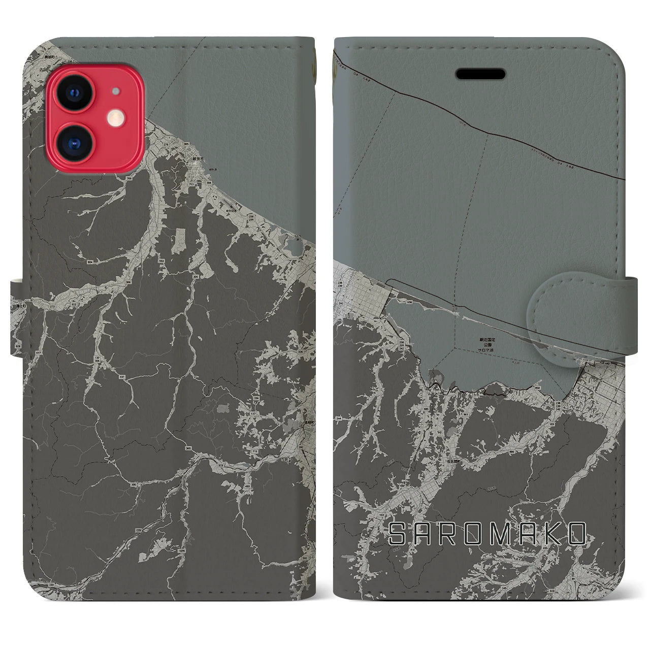 【サロマ湖(北海道)】地図柄iPhoneケース(手帳タイプ)モノトーン・iPhone 11 用