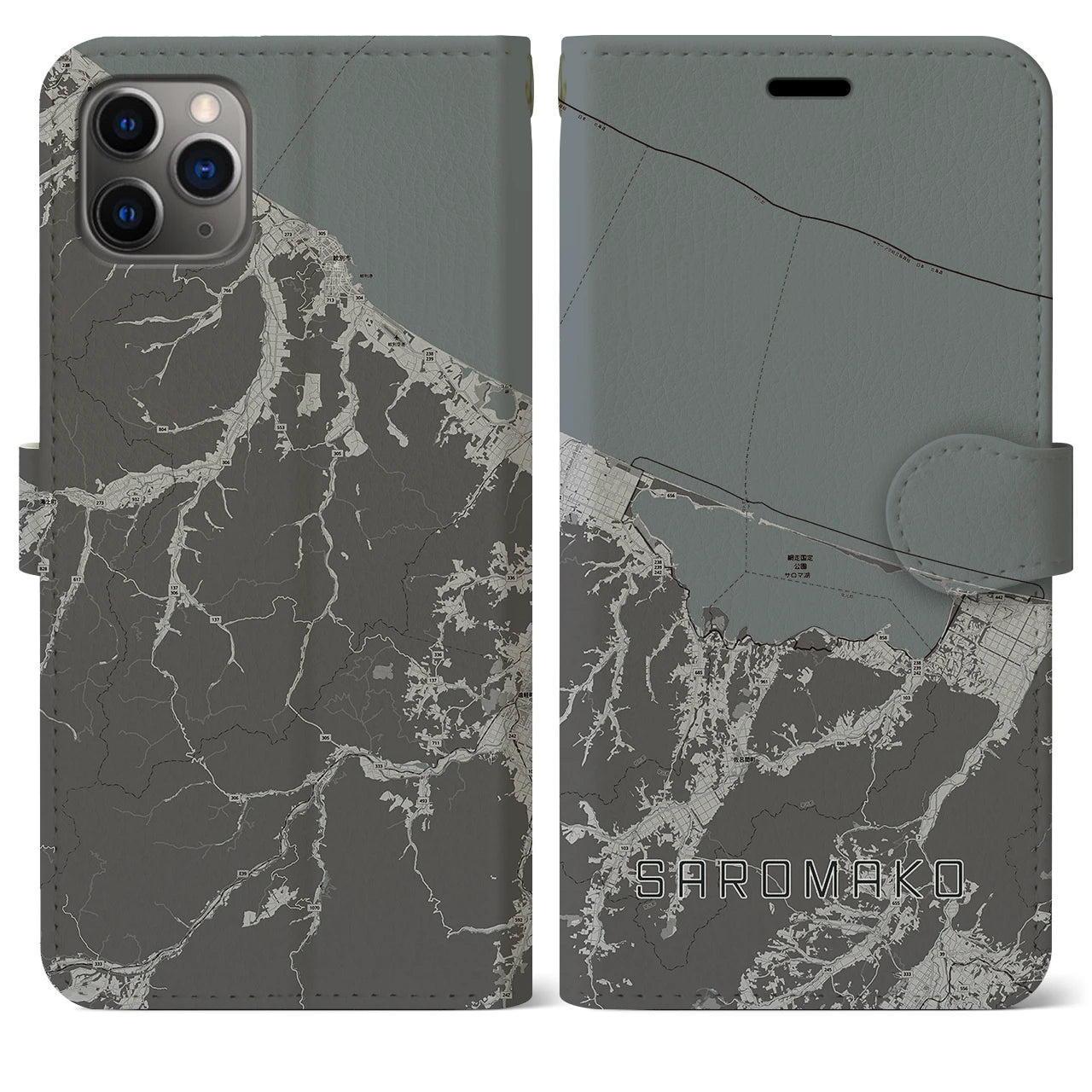【サロマ湖(北海道)】地図柄iPhoneケース(手帳タイプ)モノトーン・iPhone 11 Pro Max 用
