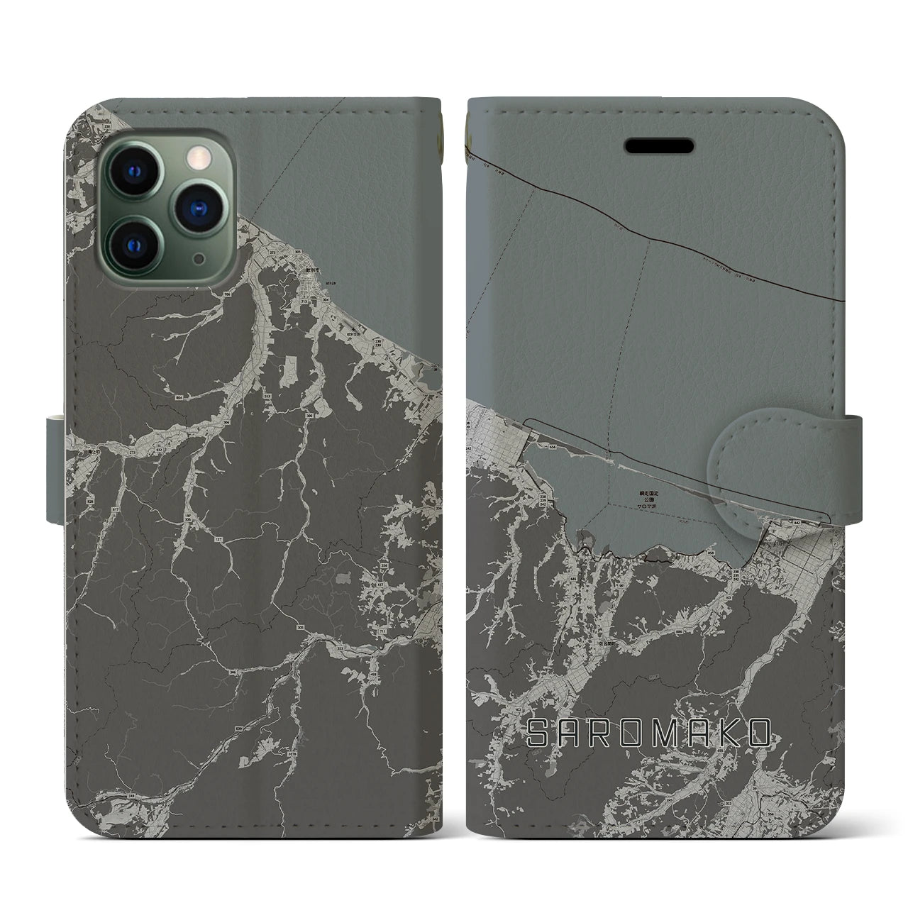 【サロマ湖(北海道)】地図柄iPhoneケース(手帳タイプ)モノトーン・iPhone 11 Pro 用