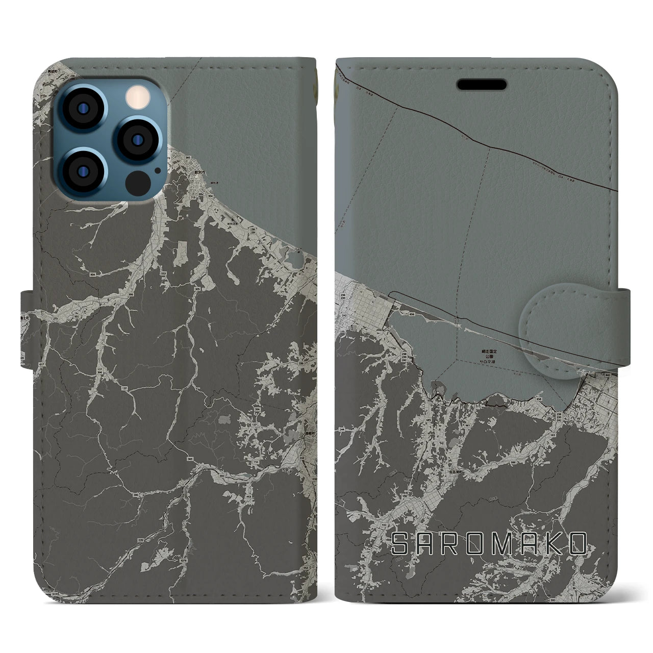 【サロマ湖(北海道)】地図柄iPhoneケース(手帳タイプ)モノトーン・iPhone 12 / 12 Pro 用