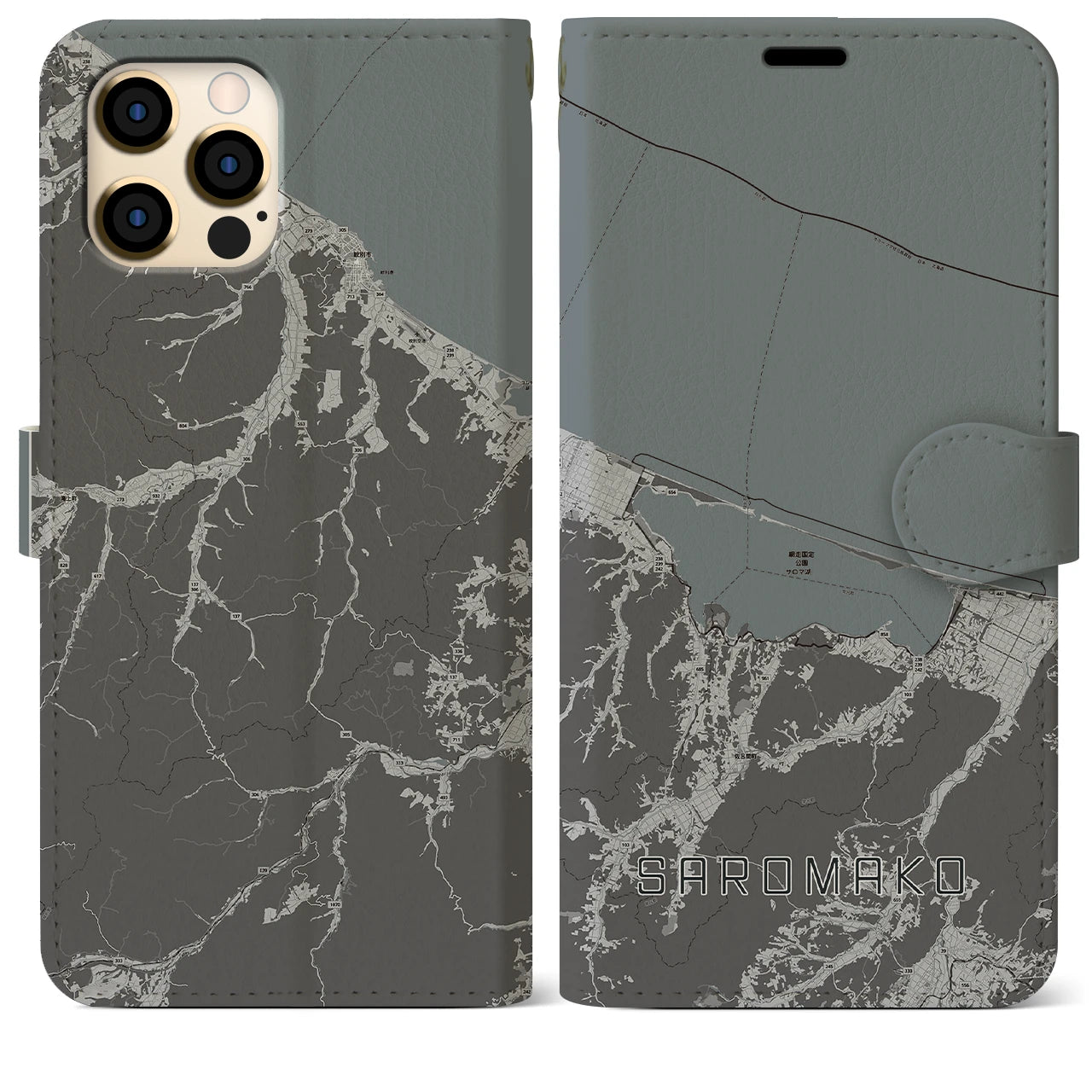 【サロマ湖(北海道)】地図柄iPhoneケース(手帳タイプ)モノトーン・iPhone 12 Pro Max 用