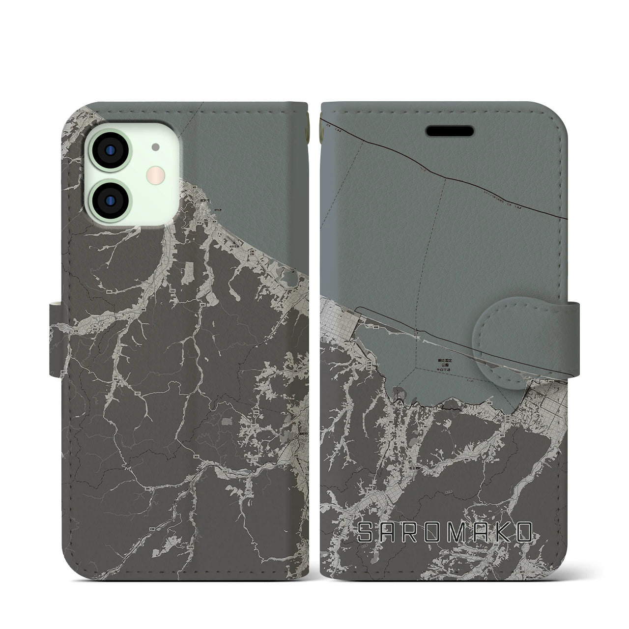 【サロマ湖(北海道)】地図柄iPhoneケース(手帳タイプ)モノトーン・iPhone 12 mini 用