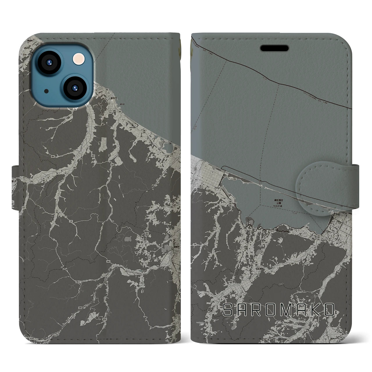 【サロマ湖(北海道)】地図柄iPhoneケース(手帳タイプ)モノトーン・iPhone 13 用