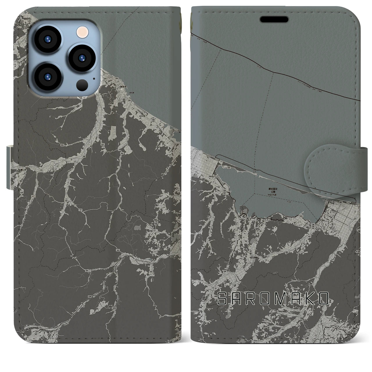 【サロマ湖(北海道)】地図柄iPhoneケース(手帳タイプ)モノトーン・iPhone 13 Pro Max 用