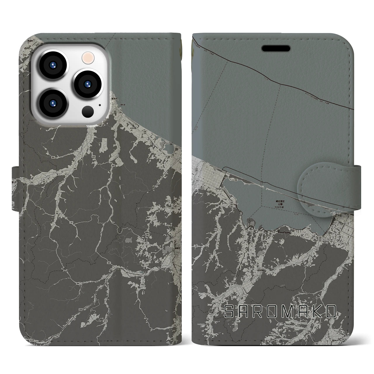 【サロマ湖(北海道)】地図柄iPhoneケース(手帳タイプ)モノトーン・iPhone 13 Pro 用