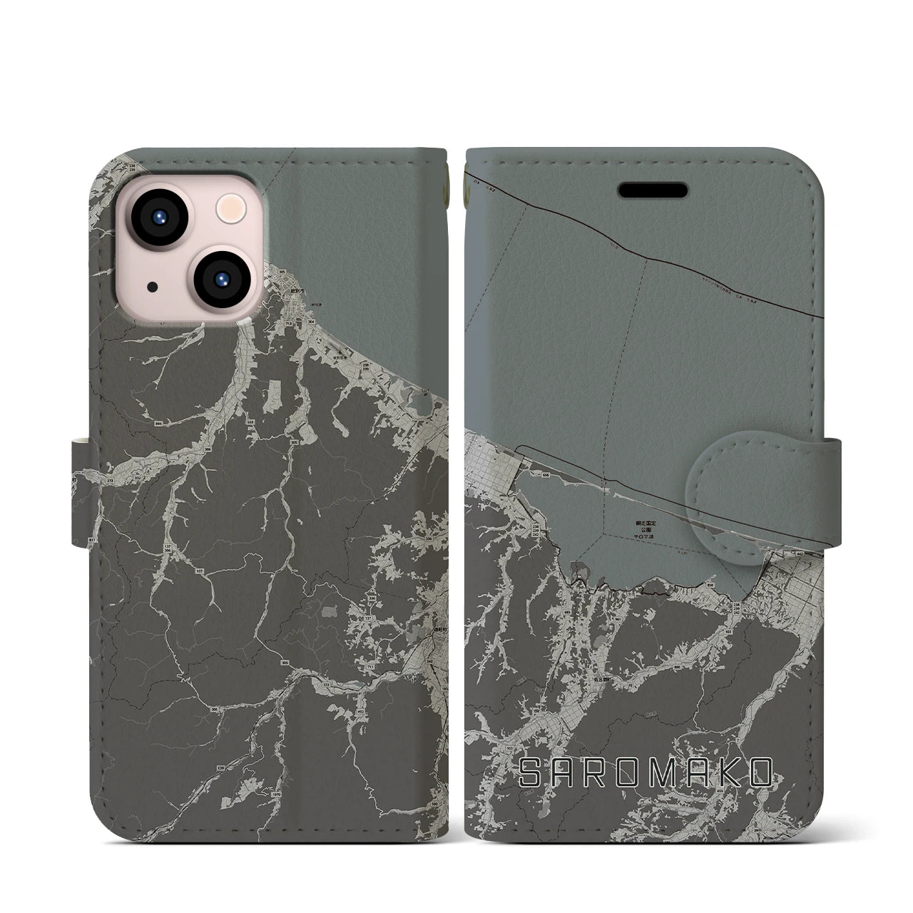 【サロマ湖(北海道)】地図柄iPhoneケース(手帳タイプ)モノトーン・iPhone 13 mini 用