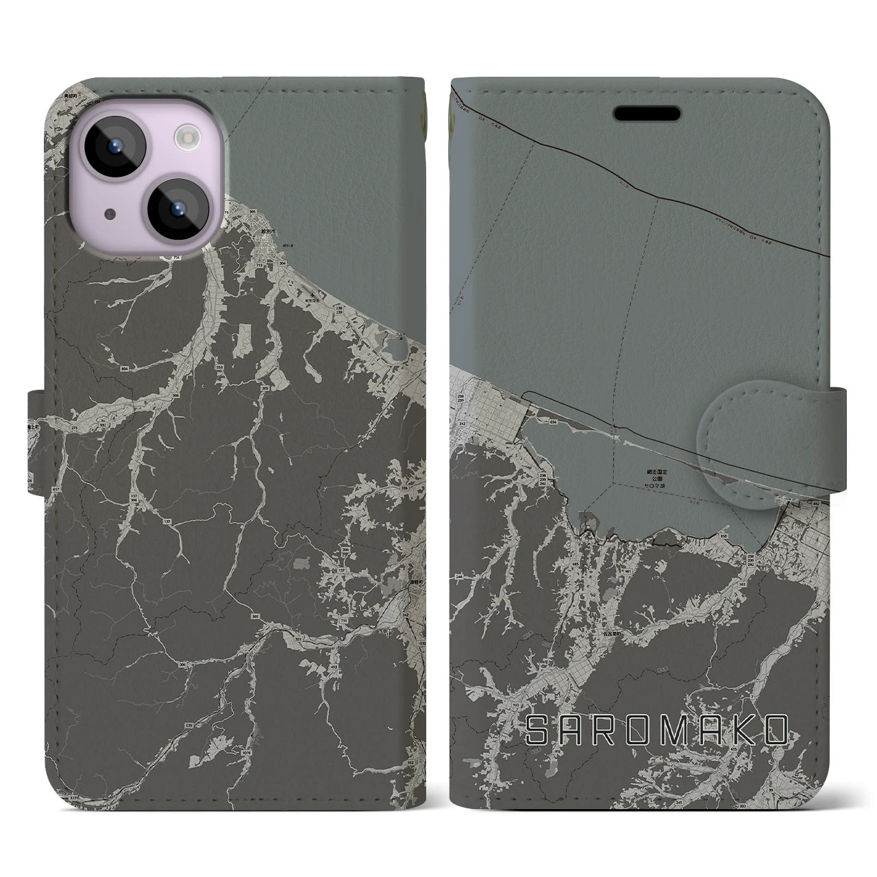【サロマ湖(北海道)】地図柄iPhoneケース(手帳タイプ)モノトーン・iPhone 14 用