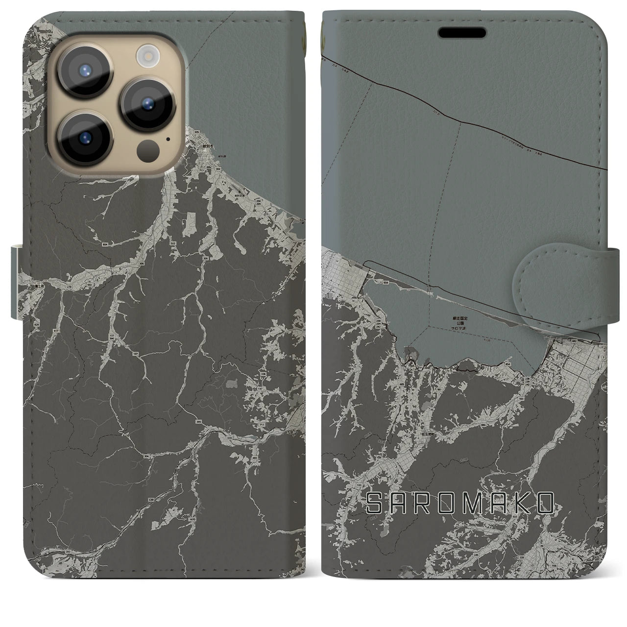 【サロマ湖(北海道)】地図柄iPhoneケース(手帳タイプ)モノトーン・iPhone 14 Pro Max 用