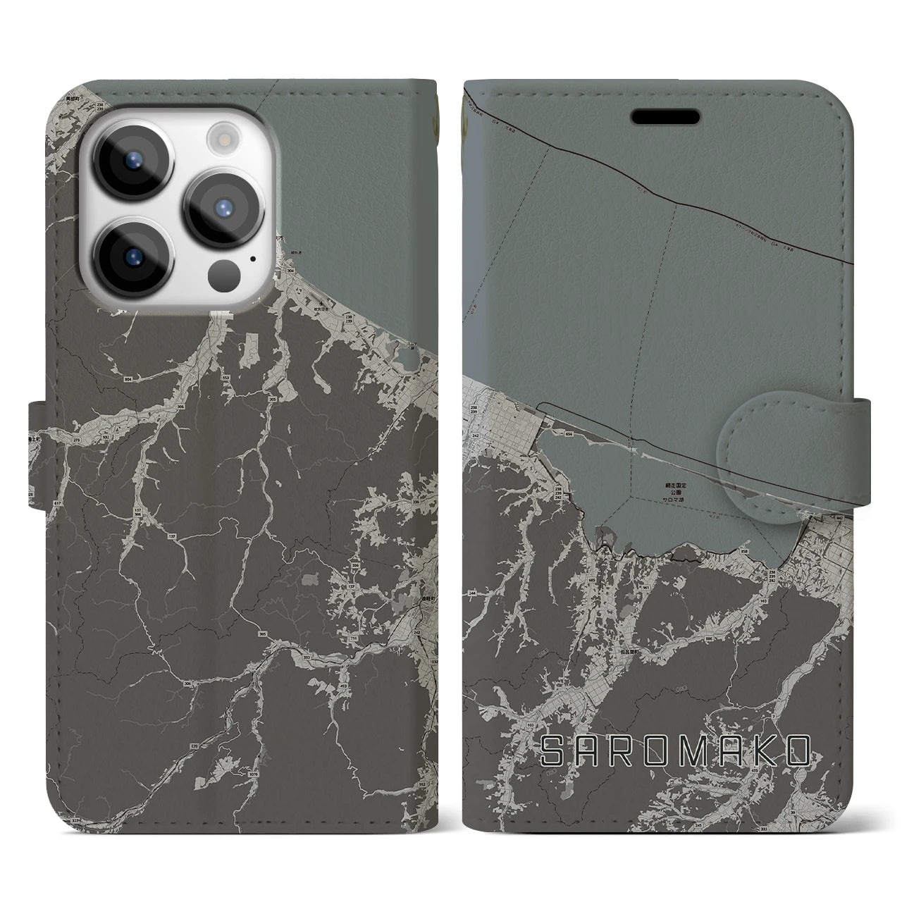 【サロマ湖(北海道)】地図柄iPhoneケース(手帳タイプ)モノトーン・iPhone 14 Pro 用